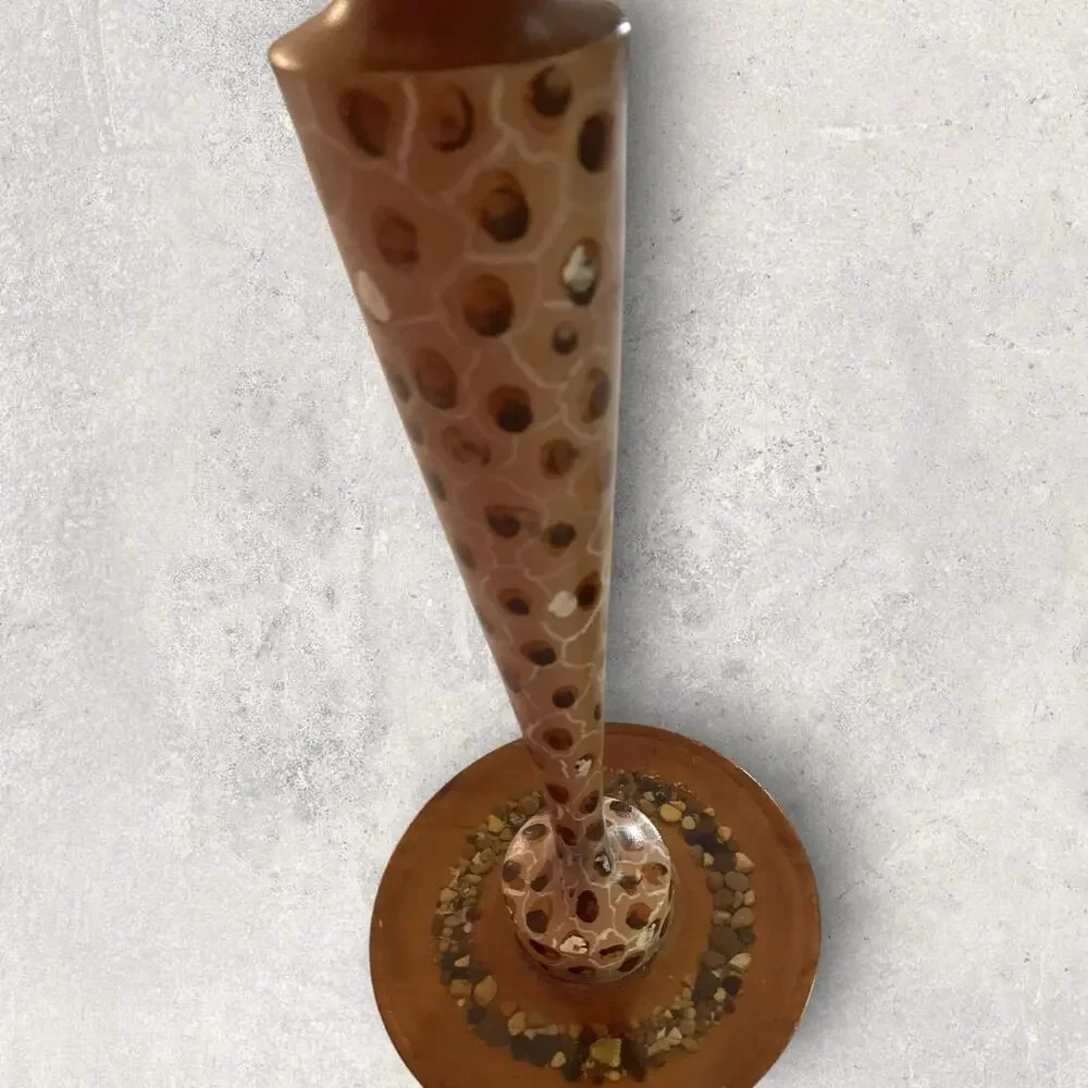 Pair Tall Brown Mosaic Pebble Candlestick Holders Boho Rustic Decor